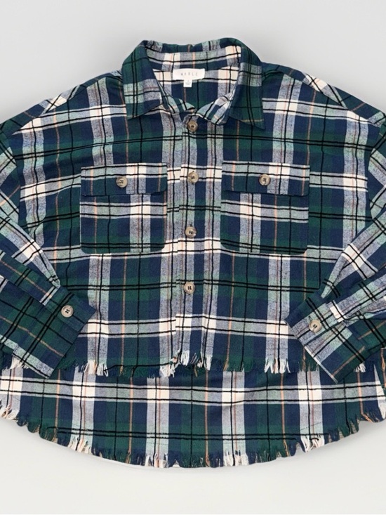 MABLE Oversized Plaid Flannel Frayed Hi-Lo Hem Cropped Boxy Fit Size Small - Picture 2 of 9